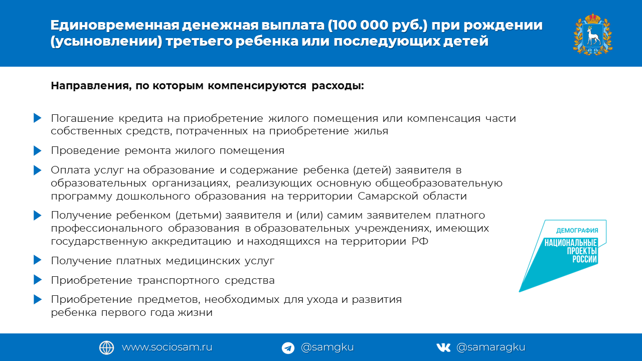 100 000 р. - единовременная денежная выплата при рождении (усыновлении)  третьего ребенка или последующих детей